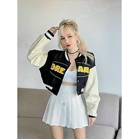 Áo khoác da lộn nữ - áo bomber craptop lửng thêu chữ nổi d.ream cá tính mẫu mới