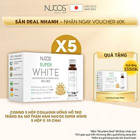 Combo 5 hộp Collagen uống hỗ trợ trắng da mờ thâm nám Nucos Super White​ 10 chai x 50ml