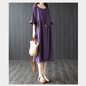Đầm Linen suông nữ cổ tròn ngắn tay, váy suông nữ form rộng tay ống loe, chất Linen mềm cao cấp Đũi Việt -  TÍM - M