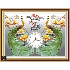 Mua tranh đính đá đồng hồ Cha Mẹ - Đôi công xanh  - khách tự đính đá