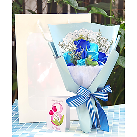 Bó Hoa Hồng Sáp 11 Bông Tặng Kèm Thiệp Mini Xinh Xắn Và Túi Giấy Sang Trọng Màu Xanh Nước Biển