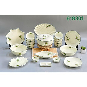 Mua Set bộ bát đĩa họa tiết hoa- đài sen. Gốm sứ Bát Tràng