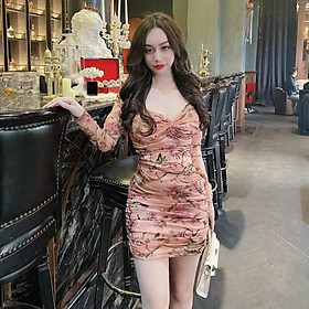 Đầm Ôm Body tay Dài in Hoa Chất Thun Dẻo Co Dãn Thoải Khi Mặc