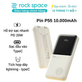 Pin sạc dự phòng Rock P55 Rockspace 10.000mAh tích hợp dây sạc - hàng chính hãng bảo hành 12 tháng
