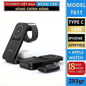 Mua Đế sạc nhanh Mag-safe 3 in 1 xếp gọn 15W Choetech T611 dùng sạc cho điện thoại  tai nghe và Ap-ple watch (Hàng chính hãng)