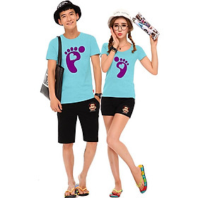 Bộ Áo Thun Đôi Nam Nữ Dấu Chân Tình Yêu Màu Xanh Thiên Thanh