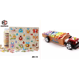 Combo 2 bộ đồ chơi: Bảng côn trùng có núm + Đàn xe kéo ô tô - hàng chính hãng