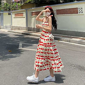 SHUANGYAN Váy treo 2023 Sinh viên mùa hè Hundred Hiển thị Skinny Thời trang Pleated Dễ thương Cherry hoa đầm cô gái
