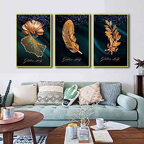 Bộ 3 tranh canvas treo tường Decor Họa tiết lá vàng cách điệu, phong cách hiện đại – DC127