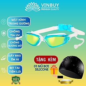 Kính Bơi Tráng Gương kèm bịt tai cao cấp VinBuy chống sương mù, chống tia UV Hàng chính hãng - Tặng kèm nón bơi Silicon (Màu ngẫu nhiên)