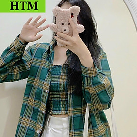 Sét Bộ Áo Sơ Mi Nữ Dáng Kiểu Hàn Quốc Phong Cách Form Rộng Sọc Từng Ô Áo Chất Vải Mát Mẻ Hàng Hot Trend HTM FASHION - Caro Xanh