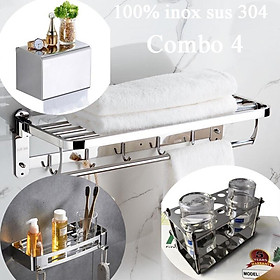 Combo 4 món phụ kiện Vắt khăn dày, kệ thẳng, kệ cốc, lô giấy inox sus 304 cao cấp
