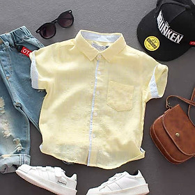 Áo sơ mi cộc tay cổ đức phối kẻ màu vàng bé trai 2-8 tuổi