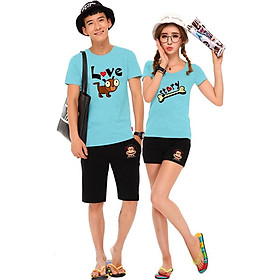 Bộ Áo Thun Đôi Nam Nữ Câu Chuyện Tình Yêu Màu Xanh Thiên Thanh