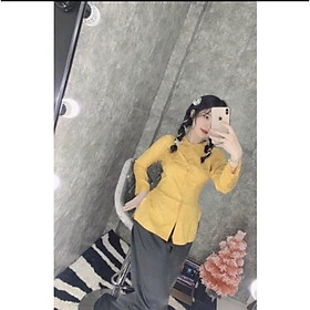 Bà Ba Gấm Cả Bộ - Quần Đen Phi Lụa - Áo Lụa Gấm Hoa Văn, Tay Dài Nút ngọċ Trai - Vàng Tươi( quần đen)