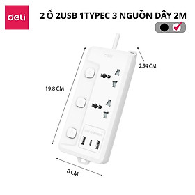 Ổ Cắm Điện Mẫu Mới 2025 Deli Ổ ĐIện Đa Năng Chống Cháy Nổ 2500W Cổng Sạc USB/ TypeC Thông Minh