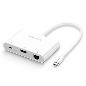 Hình ảnh Cáp chuyển đổi USB-C Sang HDMI + USB 3.0 + USB 2.0 + LAN 10/100Mbps + USB-C hỗ trợ sạc Power Delivery (PD) Vỏ nhựa dài 15cm màu Trắng Ugreen TC30440US182 Hàng chính hãng.