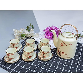 Bộ Ấm Tích Men Kem Vẽ Hoa - Gốm Sứ bát Tràng