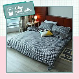Bộ Chăn Ga Gối Cotton 3Dm6/m8/2m-Tiệm Nhà MêuSet 4 Món 2 Vỏ gối ,drap , vỏ chăn Caro Đen Trắng Ô Nhỏ