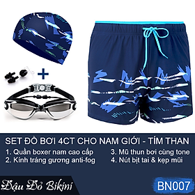Combo đồ bơi nam giới, set 4,5 chi tiết Quần boxer 2 lớp + Kính bơi anti fog + Mũ + Bịt tai kẹp mũi + Túi đựng, mẫu cao cấp đẹp | BN007