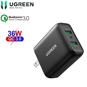 Mua Củ sạc nhanh 36W QC3.0 2 cổng USB màu Đen Ugreen 161CU70151CD - Hàng chính hãng