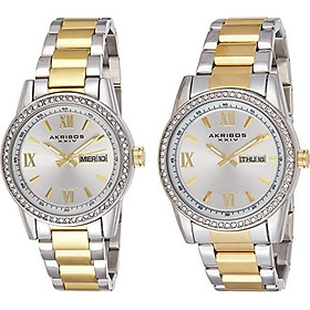 Akribos XXIV Men's and Women's Watch Matching Set - His and Her and Crystal Filled Watch Roman Numerals with Date Window on Stainless Steel Bracelet - AK888