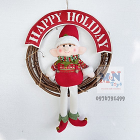 Vòng nguyệt quế thú bông Happy Holiday mẫu ông già noel, người tuyết treo trang trí Giáng sinh bằng mây đường kính 35cm