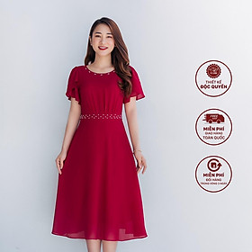 Đầm đính ngọc thiết kế trung niên sang trọng cao cấp form xoè cổ tròn đính ngọc đỏ đô TTV STORE TTV1061