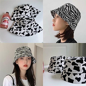 Mũ bucket nam nữ họa tiết trắng đen - Nón Ulzzang vành tròn con bò sữa hottrend 2021