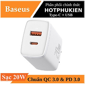 Adapter cóc củ sạc nhanh 20W đa năng USB A & PD Type C hiệu Baseus Compact Quick Charger chuẩn sạc nhanh PD 3.0 & QC 3.0, công nghệ tản nhiệt BCT, chân cắm US-UK - hàng nhập khẩu