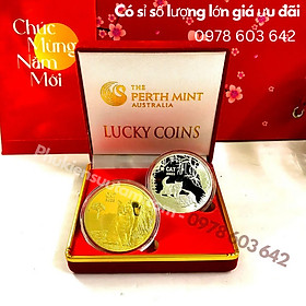 Mua Cặp Xu Úc Hình Con Mèo Mạ Vàng Bạc Tặng Hộp Nhung  đường kính: 4cm  màu đỏ - SP005893