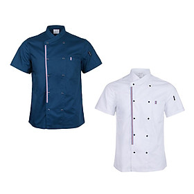 Women Men Chef Jackets Coat Short Sleeves Shirt Kitchen Uniforms White+Blue