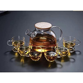 Mua Bộ ấm chén pha trà thủy tinh 1000ml chịu nhiệt nắp gỗ
