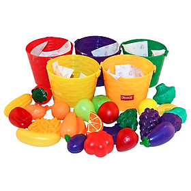 Kids Pretend Role Play 25 Pieces Fruits Vegetables & 5 Baskets Farmers Market Color Sorting Children Early Learning Cognition Toy