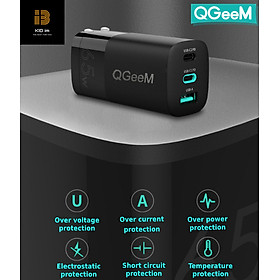 Bộ sạc nhanh đa năng QGeeM USB C 65W cho MacBook Pro Air, 2 cổng USB C PD và 1 cổng USB A, bộ sạc GaN với phích cắm có thể gập cho iPad Pro, iPhone 12 Mini Pro Max, Galaxy S10 S9, Nintendo v.v.-Hàng chính hãng