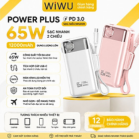 Pin sạc dự phòng PD 3.0 65W tích hợp dây sạc Type-C 12000Mah WIWU PowerPlus Sạc Nhanh cho iPhone Laptop MacBook Android - Màn hình hiển thị pin kỹ thuật số, Hệ thống bảo vệ đa tầng an toàn - hàng nhập khẩu - Hồng