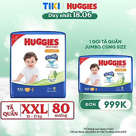 Tã/bỉm quần Huggies Skin Care Mega Jumbo XXL76+4 miếng với tràm trà dịu da