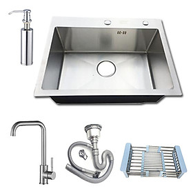 Combo Chậu rửa bát 1 hố 60x45, vòi nóng lạnh s5002, bình xà bông inox tặng bộ xả chống hôi và rổ đa năng inox