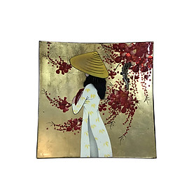 Mua Tranh đĩa sơn mài treo vẽ hình cô gái áo dài - Vuông 20cm x 20cm