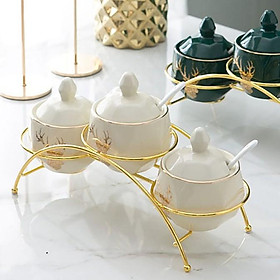 Hũ đựng gia vị trắng ngà viền vàng kèm thìa - Home Decor Bắc Âu | BỘ GIA VỊ 3 HŨ SỨ ĐA GIÁC HỌA TIẾT VÀNG KIM KhAY VỒNG