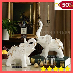 Cặp 2 Tượng Voi Gốm Sứ Trắng Mạ Trang Trí Bàn -Tủ -Kệ Cao Cấp Hàng Nội địa Trung