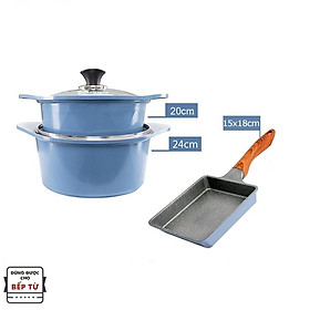 Combo 3 món cao cấp, nồi đúc ceramic đế từ xanh size 20-24cm, chảo vân đá ceramic vuông size 15x18cm màu xanh (dùng được tất cả các bếp, kể cả bếp từ) - Hàng chính hãng