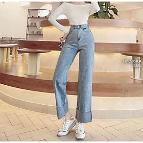 CHEN.room Quần jeans lưng cao lật lai Yei trẻ trung năng động, quần jean xinh nhà Chen