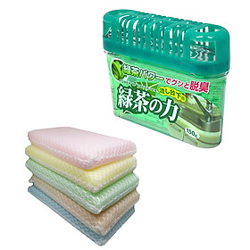 Combo hộp khử mùi ngăn tủ bếp hương trà xanh + 5 miếng xốp rửa bát bọc lưới nội địa Nhật Bản