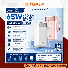 Pin sạc dự phòng PD 3..0 sạc nhanh 65W 12.000mAhtích hợp dây sạc Type C WIWU POWER PLUS Cho iPhone Laptop Macbook iPad - Màn hình hiển thị pin kỹ thuật số, Hệ thống bảo vệ đa tầng an toàn - Hàng nhập khẩu - Hồng
