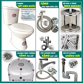 Combo Thiết Bị Nhà Tắm GRMT06: Bồn Cầu 2 Khối-Vòi Xịt Vệ Sinh-Lavabo Treo Tường-Vòi Nước Lạnh-Kệ Góc 2 Tầng-Bộ Xả Chống Hôi