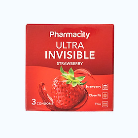 Pharmacity Bao cao su Ultra Invisible hương dâu siêu mỏng (3 cái/hộp)
