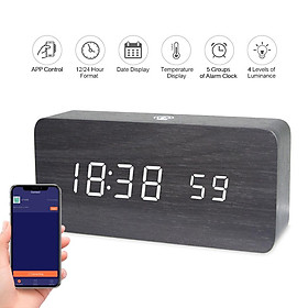 Đồng hồ báo thức bằng gỗ có đèn LED, 4 mức độ sáng, hiển thị thời gian, nhiệt độ ngày giờ, kết nối qua ứng dụng điện thoại-Màu Đen trắng