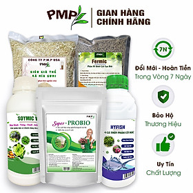 Combo bộ phân bón hữu cơ PMP trồng cà chua bạch tuộc - Phân cải tạo đất Fermic - Super Probio - Soymic V – Đạm Cá - Bã Mía