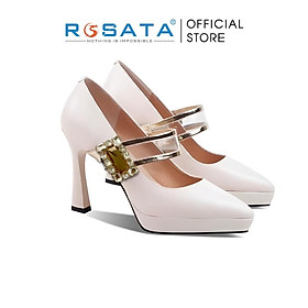 Giày cao gót nữ đế trụ 9 phân mũi nhọn xỏ chân quai ngang phối kiểu đính đá ROSATA RO579 ( Bảo Hành 12 Tháng ) - Trắng